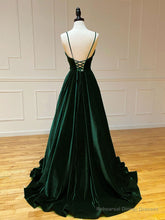 A-Line V Neck Velvet Green Long Prom Dresses, Green Velvet Formal Dress